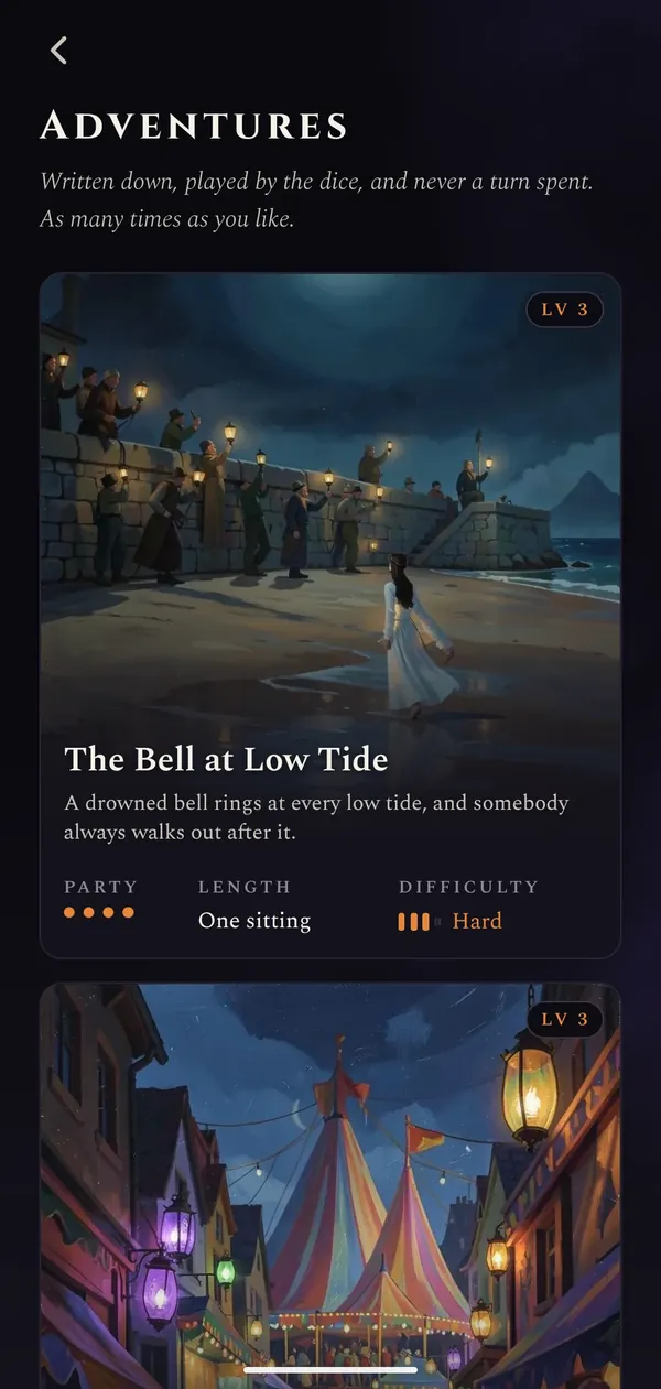 The Adventures shelf: The Bell at Low Tide, with its party, length and difficulty.