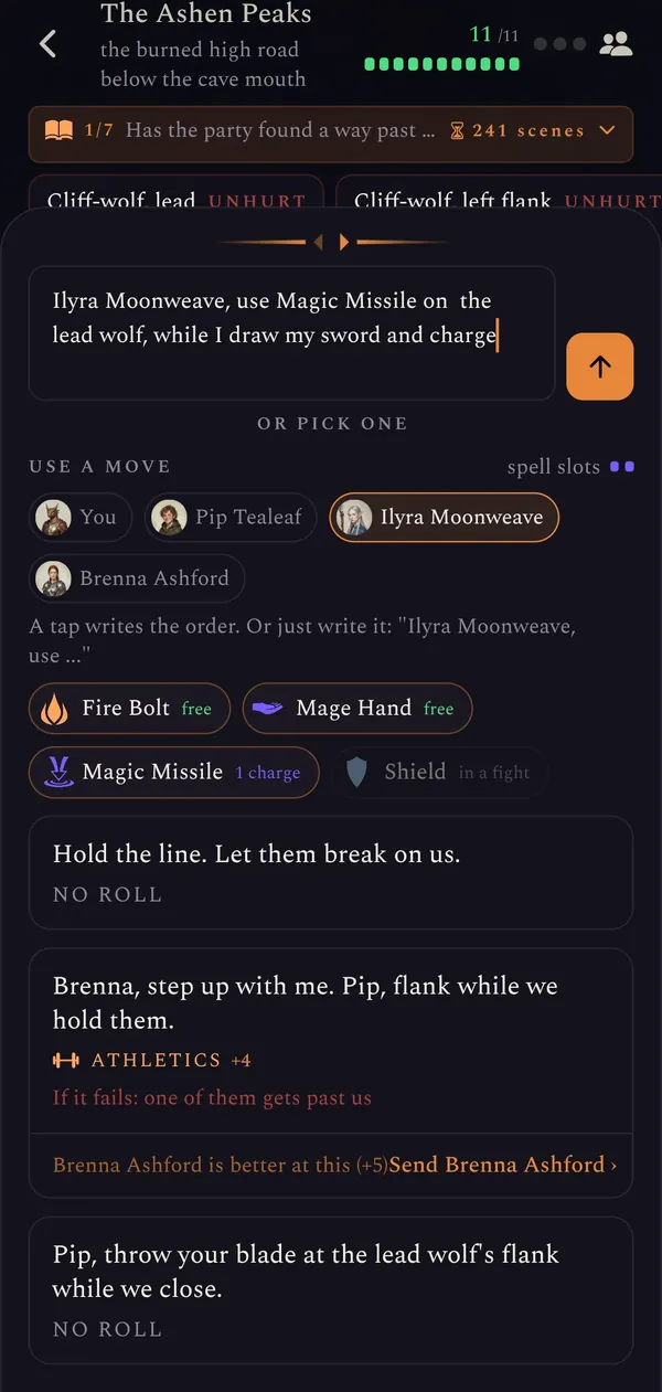 The action sheet: an order typed to Ilyra to cast Magic Missile at the lead wolf, her moves as chips, and suggested moves with their skills.