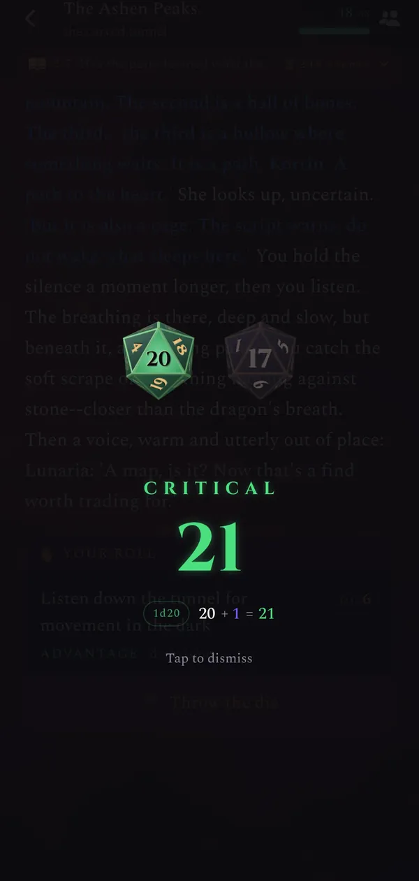 Two d20s thrown with advantage: a 20 and a 17. Critical, 21.