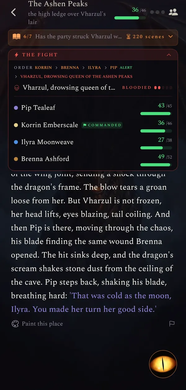 The last fight: the dragon Vharzul behind the page, the fight board with the turn order and each hero's hit points, and the story of the exchange.
