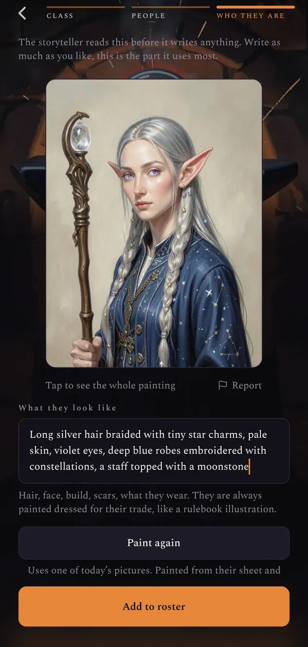 Making a hero: Ilyra Moonweave, an elf wizard, painted from the words typed under her portrait.