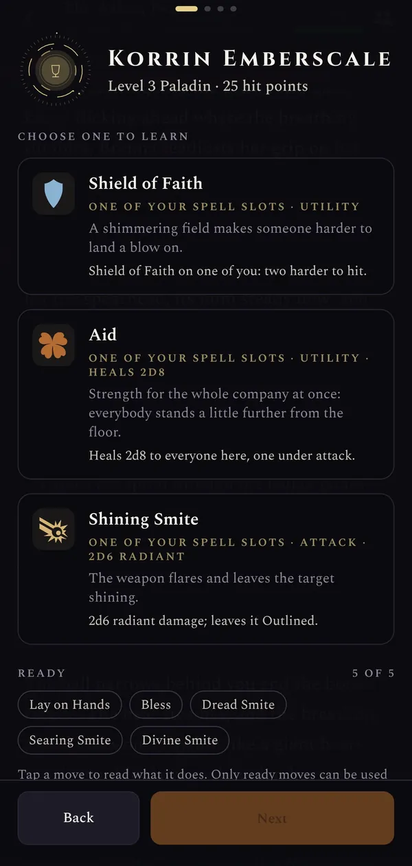 Levelling up: Korrin Emberscale, level 3 paladin, chooses one of Shield of Faith, Aid or Shining Smite.