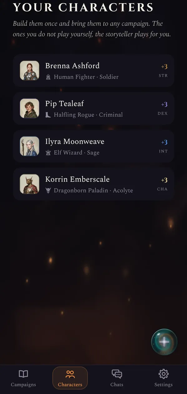 A roster of four heroes: Brenna Ashford, human fighter; Pip Tealeaf, halfling rogue; Ilyra Moonweave, elf wizard; Korrin Emberscale, dragonborn paladin.