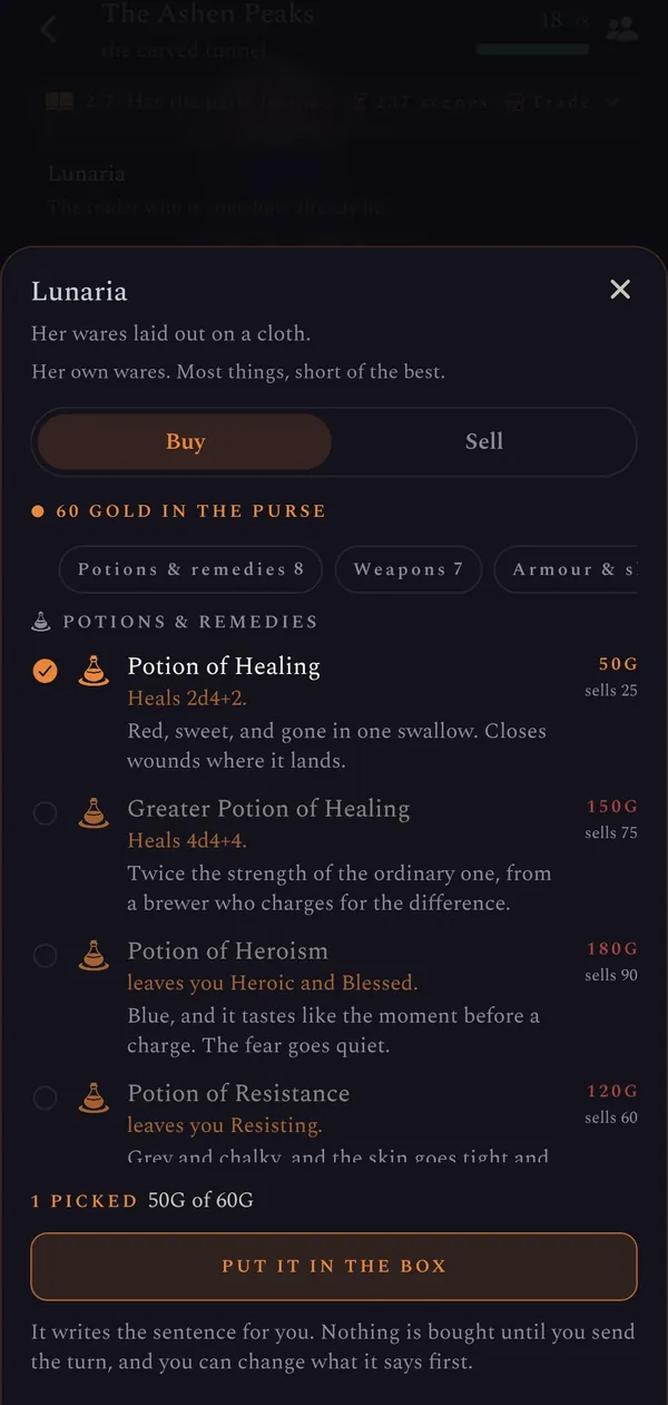 Lunaria's shop: Buy and Sell, potions and remedies with their prices, and 60 gold in the purse.