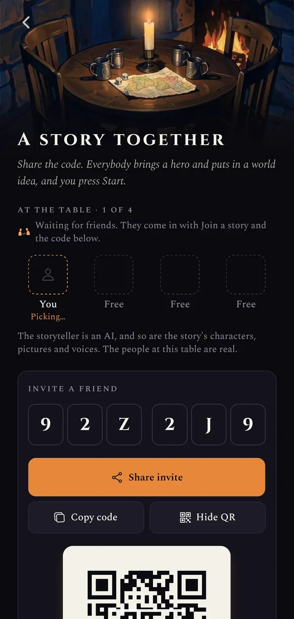 A story together: a candlelit table, four seats with one taken, and a six-letter invite code with a Share invite button.